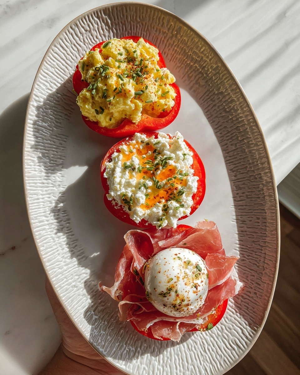 On a white textured oval plate, three stacks are arranged vertically on red flower-shaped slices, all placed on a white marbled surface. The top stack has a thick, chunky yellow egg salad mixed with small green herbs. The middle stack features creamy white cottage cheese with small orange and green specks, sprinkled with a few green leaves. The bottom stack has thinly folded slices of reddish cured meat forming a base, topped with a white oval slice of cheese seasoned with brown spices and small green leaves. A woman's hand with light pink nails is visible holding the plate from the bottom left corner. Photo taken with an iphone --ar 4:5 --v 7