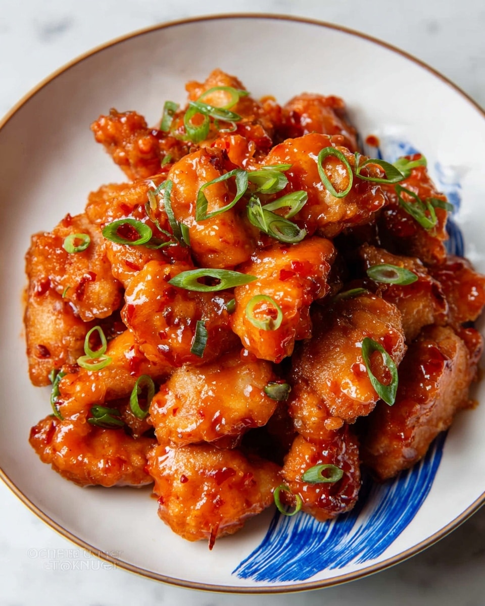 A white bowl with a dark rim holds a dish of golden brown fried chicken pieces coated in a shiny, sticky sauce. The chicken is mixed with bright red bell pepper chunks and translucent cooked onion slices. The dish is topped with a generous sprinkle of finely chopped green onions, creating a contrast with the warm colors of the chicken and vegetables. The texture looks crispy yet saucy, with a rich glaze covering all the ingredients. The bowl sits on a white marbled surface. photo taken with an iphone --ar 4:5 --v 7