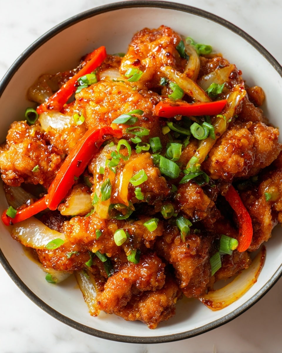 The image shows a close-up of crispy, golden-brown fried chicken pieces coated in a thick, glossy orange sauce with visible small bits of red and green peppers. The chicken pieces are piled closely together, garnished with finely chopped bright green onions evenly spread across the top, adding fresh color contrast. The texture of the sauce appears sticky and shiny, highlighting the crunch of the chicken beneath. Photo taken with an iphone --ar 4:5 --v 7