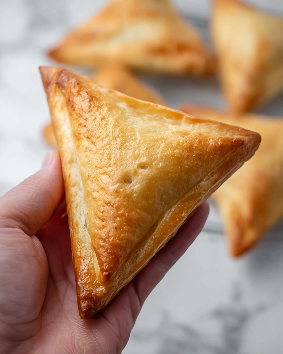 A close-up of a golden brown triangular pastry held by a person's fingers, showing a smooth, slightly glossy surface with a lightly browned, crisp texture; the pastry is thick with three distinct folded edges forming the triangle's corners. In the blurred background, three more similar pastries rest on a white marbled surface, creating a warm, baked atmosphere. photo taken with an iphone --ar 4:5 --v 7