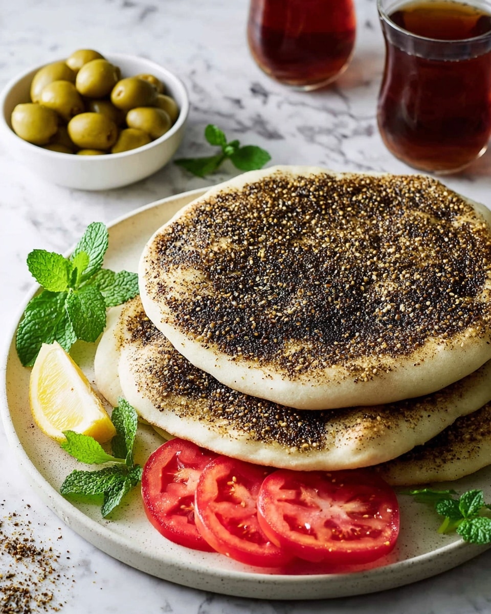 A stack of four round flatbreads with a light beige color is placed on a white plate. Each flatbread is covered on top with a textured, dark brown mixture, sprinkled with visible sesame seeds. At the bottom edge of the plate, there are four bright red tomato slices arranged in a fan shape next to two yellow lemon wedges. Two fresh green mint leaves are placed near the tomatoes and lemon. In the background, on the white marbled surface, there is a small white bowl holding green olives and two glasses filled with dark red tea. The photo taken with an iphone --ar 4:5 --v 7