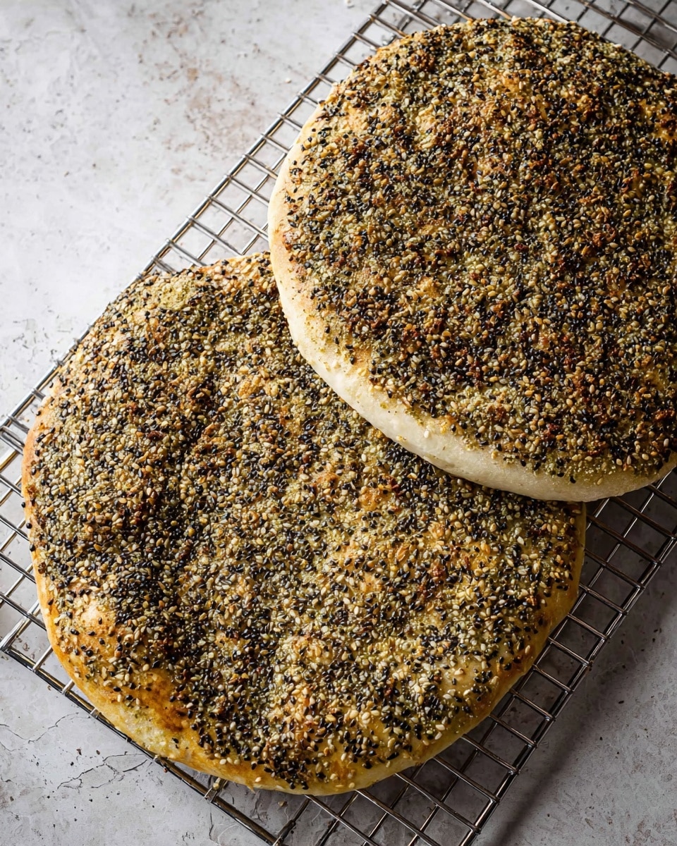 Two flat round breads are shown on a silver wire rack over a white marbled surface. Each bread has one layer of black and brown sesame seed mixture spread over the top, giving a textured and speckled look. The breads have pale dough edges with a slightly golden brown tint near the topping. The seed mixture covers almost all the bread area, leaving a thin uncoated edge, and has an uneven, grainy texture with small clumps of seeds. Photo taken with an iphone --ar 4:5 --v 7