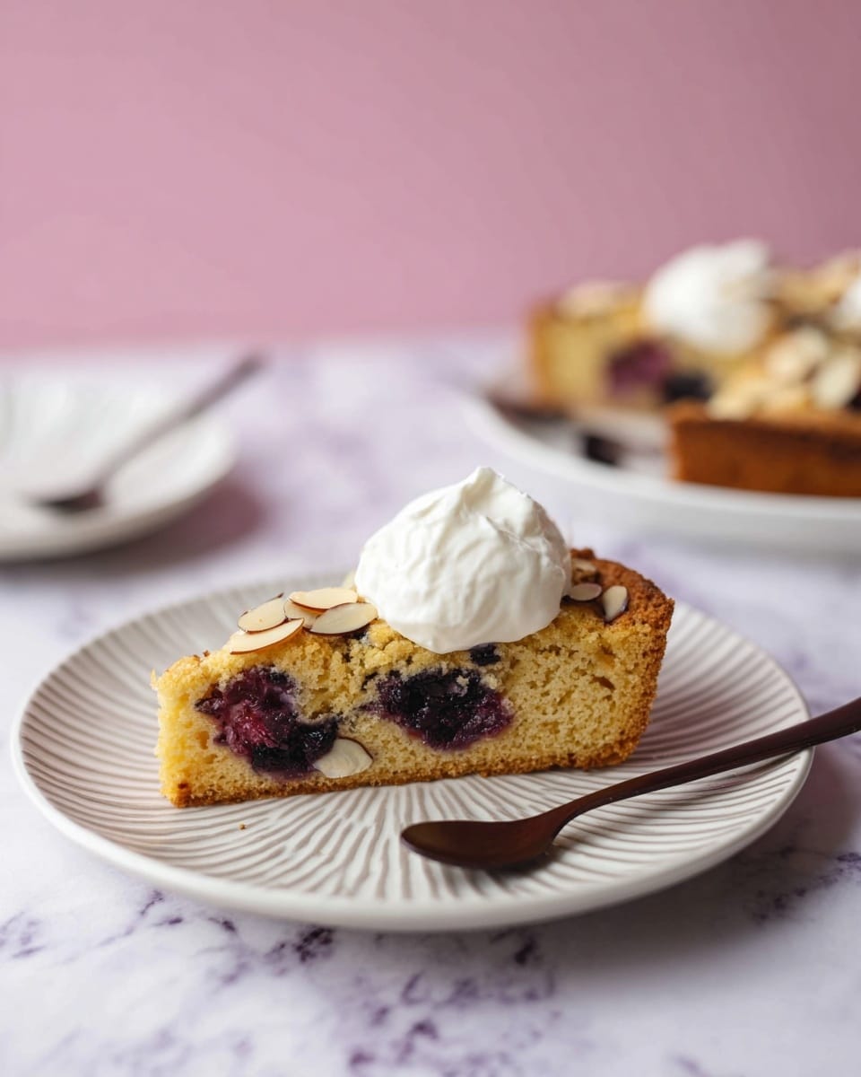 A slice of light golden cake with visible dark berries baked inside is placed on a white plate with horizontal ridges, topped with a smooth white cream dollop on one side and sprinkled with sliced almonds on top. Beside the cake, a dark wooden spoon rests on the plate. In the background, there is a blurred second white plate with a similar cake slice and cream with another dark wooden spoon. The setting is on a white marbled surface with a soft pink backdrop. photo taken with an iphone --ar 4:5 --v 7