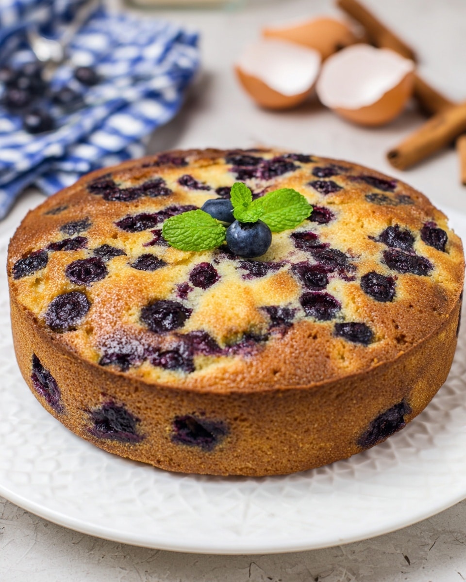 A round blueberry cake with one thick layer sits on a white plate showing a dimpled pattern. The cake has a golden brown crust with dark purple blueberries scattered throughout its inside and top surface, bursting in places to show juicy, soft spots. In the middle of the cake's top, there is a small sprig of fresh green mint leaves. The white plate rests on a white marbled textured surface, and parts of cinnamon sticks, cracked eggshells, and a blue checkered cloth are faintly visible in the blurred background. Photo taken with an iphone --ar 4:5 --v 7