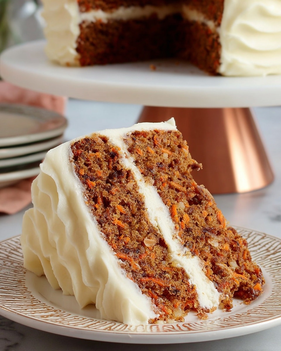 A slice of three-layer carrot cake sits on a white plate with light brown decorative edges. The cake layers are moist and brown with visible bits of carrot and nuts inside. Between each cake layer is a thin spread of white cream cheese frosting. The sides of the slice have thick white frosting, shaped with smooth, wave-like patterns on the right side. In the blurred background, the full cake is visible on a white cake stand with a shiny copper base, placed on a white marbled surface. photo taken with an iphone --ar 4:5 --v 7