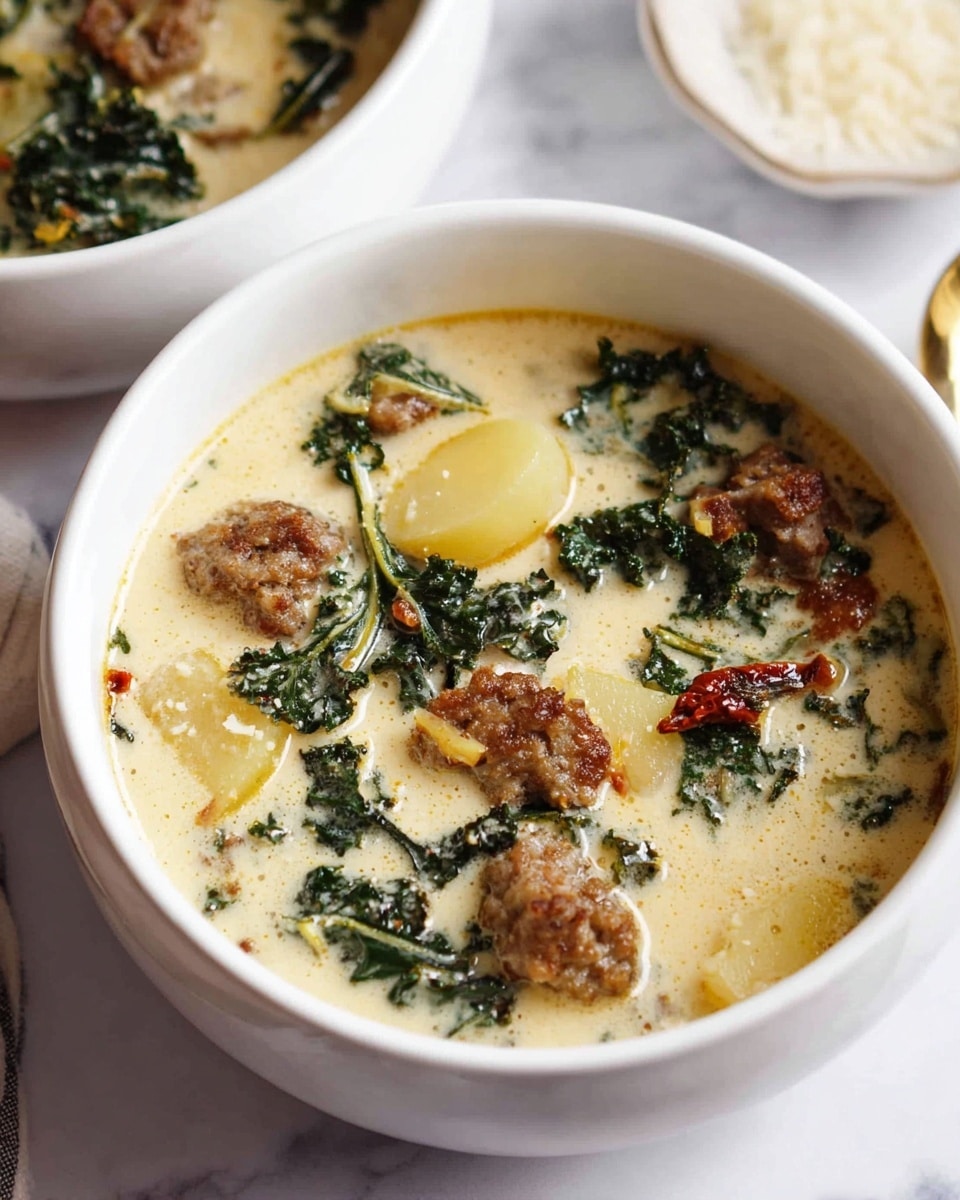 A white bowl filled with creamy soup that has a light yellowish color, showing visible chunks of browned sausage scattered throughout. There are dark green leafy kale pieces mixed in, along with pale yellow potato slices. Small bits of what looks like sun-dried tomatoes add a deeper reddish-brown contrast on the surface. The texture appears smooth and rich, with the ingredients floating evenly throughout. The bowl is placed on a white marbled surface with part of another bowl and a small dish with grated cheese visible at the edges. photo taken with an iphone --ar 4:5 --v 7