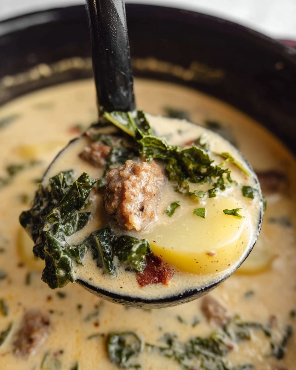 A close-up view of a black ladle filled with creamy soup, showing visible layers including thin, soft yellow potato slices at the bottom, dark green kale leaves with a slightly wrinkled texture above the potatoes, and brown cooked sausage pieces scattered throughout, all covered in a thick, light beige creamy broth with small specks of herbs. The ladle is dipped in a pot of the same soup with a smooth creamy surface and tiny herb bits floating in it, set against a white marbled texture. Photo taken with an iphone --ar 4:5 --v 7