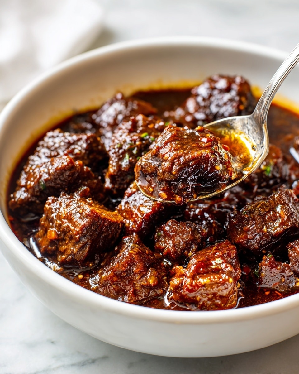 A close-up of a white bowl filled with rich, dark brown stew. The stew has many chunky pieces of tender meat fully coated in a shiny, thick sauce, giving the meat a glossy look. A shiny metal spoon is scooping up some meat chunks, showing the texture and juiciness of the pieces. The bowl sits on a light white marbled surface, adding contrast to the deep colors of the stew. Photo taken with an iphone --ar 4:5 --v 7