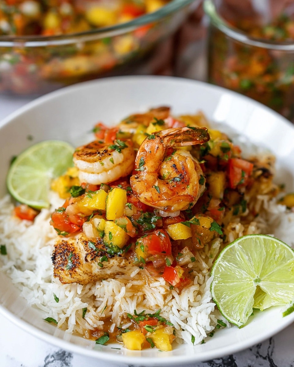 The dish shows a white bowl filled with a base layer of fluffy white rice, topped with a piece of golden brown grilled fish. On top of the fish, there are several cooked shrimp with a light orange color and slight char marks. The seafood is covered with a layer of colorful salsa made of diced yellow pineapple, red tomatoes, green herbs, and onions. Two lime wedges sit at the edge of the bowl, adding brightness to the presentation. The bowl is on a white marbled surface, and there is a blurred glass bowl with more salsa in the background. Photo taken with an iphone --ar 4:5 --v 7