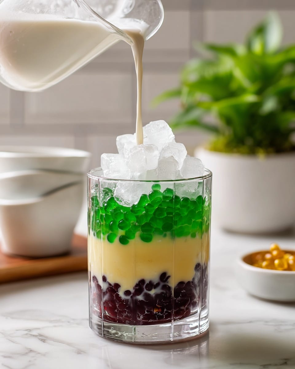 A clear glass filled with four distinct layers sits on a white marbled surface. The bottom layer is smooth and thick, light yellow in color, followed by a dark layer of small round beans. Above the beans is a bright green layer of translucent jelly strips with a glossy texture. The top layer is a heap of uneven white ice cubes, over which a creamy white liquid is being poured from a clear measuring cup. In the background, there are small white dishes with ingredients and a green plant in a white pot, all softly out of focus. photo taken with an iphone --ar 4:5 --v 7