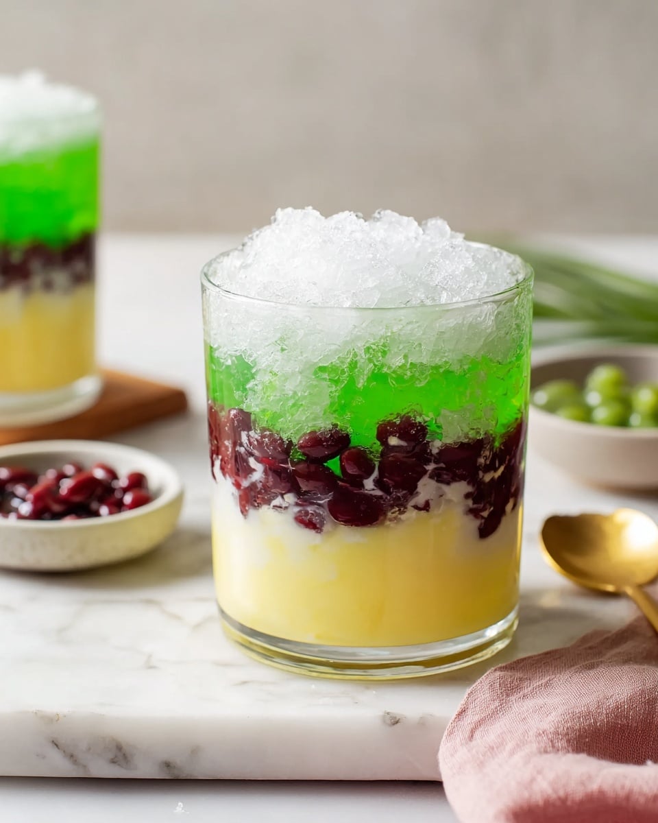 A clear glass holds a four-layer dessert on a white marbled surface. The bottom layer is a smooth, yellow custard with a soft texture. Above it is a layer of dark red beans, slightly moist and dense. The third layer is bright green jelly, clear and firm in texture. Topping the dessert is a fluffy white layer of crushed ice or shaved ice, creating a frothy appearance. The glass in the background has the same layered dessert, softly blurred, with small bowls of beans and green jelly nearby, and a gold spoon resting on a light pink cloth on the white marbled surface. photo taken with an iphone --ar 4:5 --v 7