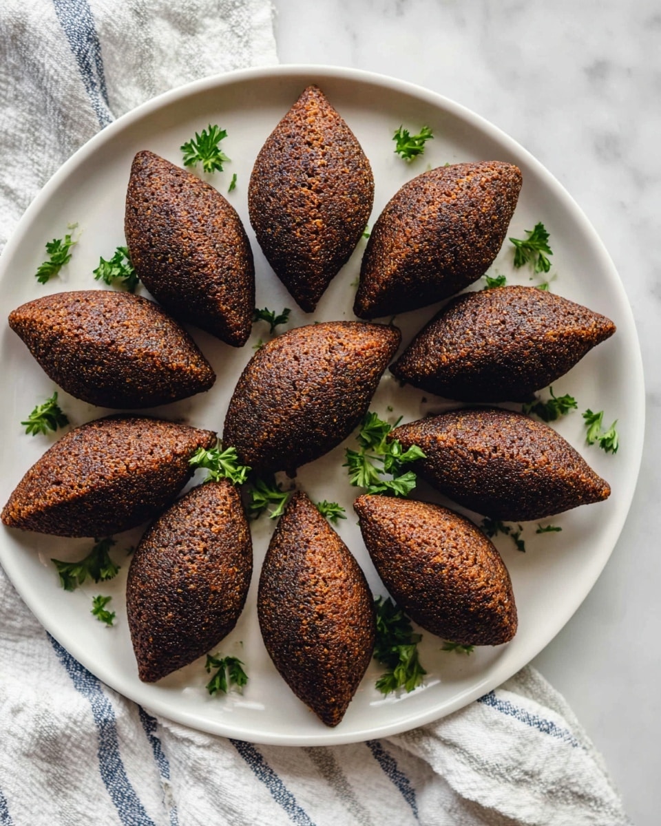 A round white plate holds 13 pieces of dark brown, oval-shaped fried kibbeh arranged in a flower pattern with their pointed ends facing outward. The kibbehs have a textured, crispy outer shell. Small green parsley leaves are scattered on and around the kibbehs in the center of the plate. The plate rests on a white marbled surface with a folded white cloth featuring blue stripes underneath. The lighting is soft and natural, highlighting the rich brown color and texture of the kibbeh. photo taken with an iphone --ar 4:5 --v 7