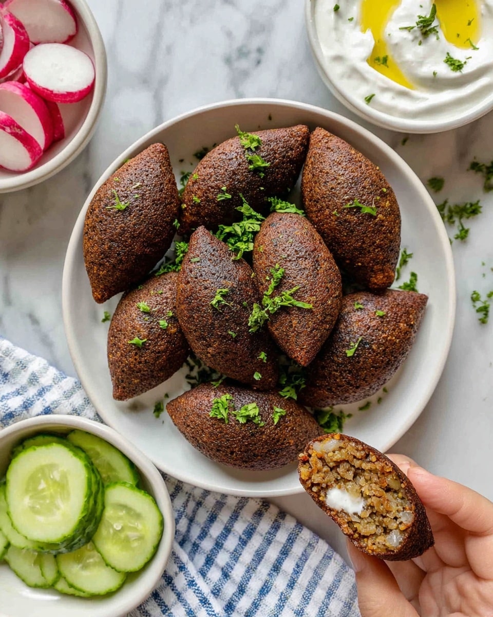 A white plate full of dark brown, oval-shaped fried kibbeh, sprinkled with chopped green herbs on top and around. In the bottom right corner, a woman's hand is holding a kibbeh cut in half, showing a crumbly inside with small bits of nuts or grains. Below the plate, a white bowl with thick white yogurt sauce topped with four green cucumber slices and a drizzle of golden olive oil. To the left, another white bowl contains sliced radishes with white and pink colors. Everything is placed on a white marbled surface with a blue and white checkered cloth partly visible under the plate. photo taken with an iphone --ar 4:5 --v 7