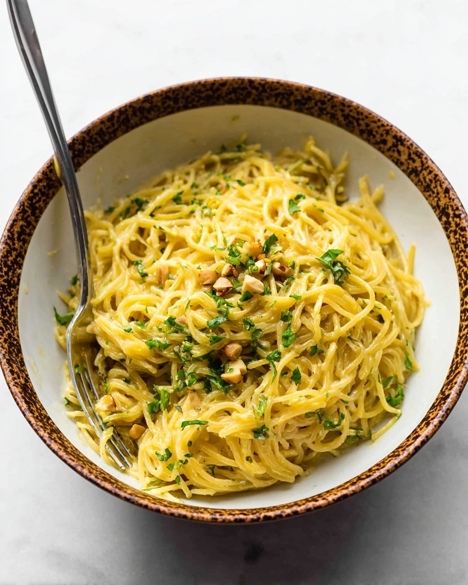A bowl filled with a single layer of yellow spaghetti-like strands, mixed with a creamy sauce giving it a smooth and slightly shiny texture; small bits of chopped green herbs and pale tan nuts are scattered evenly on top, adding contrast and a fresh touch; a fork is stuck into the bowl, angled towards the left side; the bowl is white with a brown speckled pattern inside, sitting on a white marbled surface. photo taken with an iphone --ar 4:5 --v 7