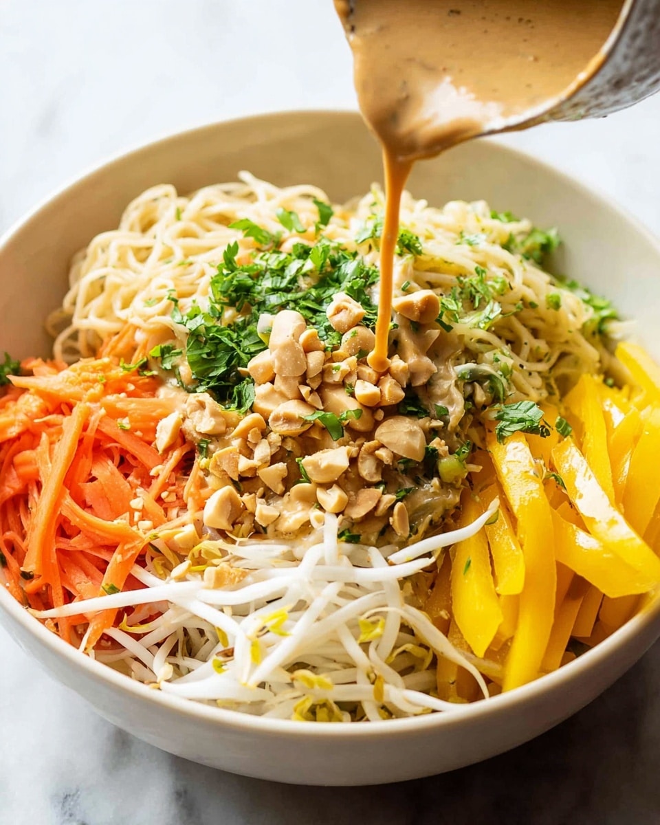 A white bowl filled with four main layers of food on a white marbled background: on the left, light beige cooked noodles with a soft texture topped with a light brown creamy sauce and chopped green herbs; next to it, white bean sprouts with a crisp appearance; then bright yellow bell pepper slices with a glossy surface; and lastly, thin, bright orange carrot sticks sprinkled with chopped nuts; a creamy light brown sauce is being poured on top from above. Photo taken with an iphone --ar 4:5 --v 7