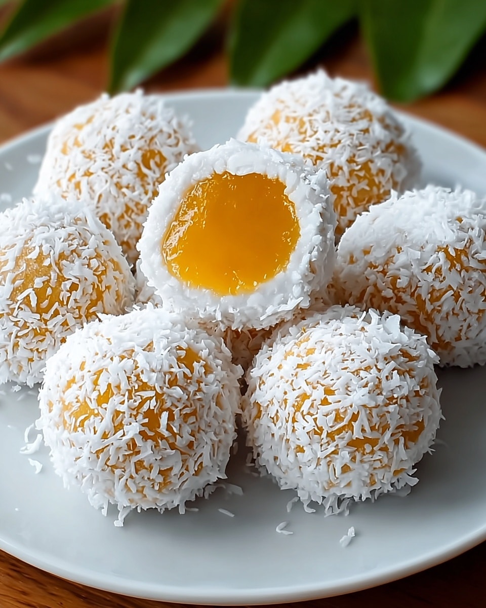 The image shows a white plate holding seven round dessert balls. Each ball is covered in a layer of shredded white coconut, giving a rough texture. One ball in the front is cut in half to reveal a smooth, glossy, bright yellow-orange center with a jelly-like texture, surrounded by the white coconut coating. The plate is placed on a wooden surface with a green leaf blurred in the background. Photo taken with an iphone --ar 4:5 --v 7