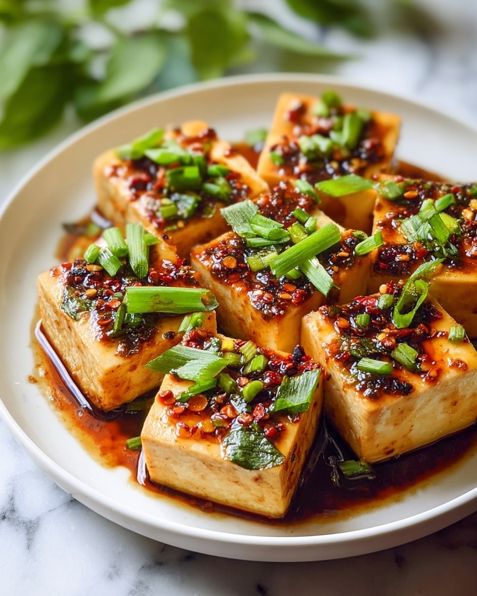 The image shows a white plate filled with six square pieces of tofu that have a golden brown color and shiny glaze on top. Each tofu piece is covered with a dark reddish-brown sauce mixed with finely chopped garlic, red chili flakes, and small bits of herbs. On top of the sauce, there are fresh green spring onion slices scattered around, adding a bright contrast. The tofu pieces are arranged close together with the sauce pooling around the bottom edges. The background shows a white marbled surface and some blurred green leaves in the corner. photo taken with an iphone --ar 4:5 --v 7