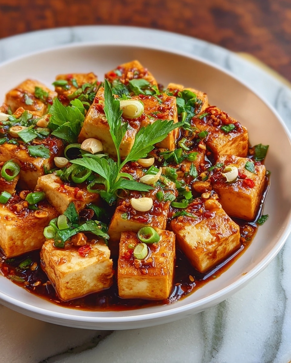 The dish is a bowl of golden tofu cubes, each side seared to a light brown with a slightly crispy texture. The tofu pieces are arranged closely in a circular pattern, topped with a glossy, rich reddish-brown sauce that looks sticky and spicy. Scattered on top are small pieces of chopped garlic and green herbs, including parsley and sliced green onions, adding a fresh green color contrast. The bowl holding the tofu is deep white with a smooth finish, placed on a surface with a white marbled texture. Photo taken with an iphone --ar 4:5 --v 7