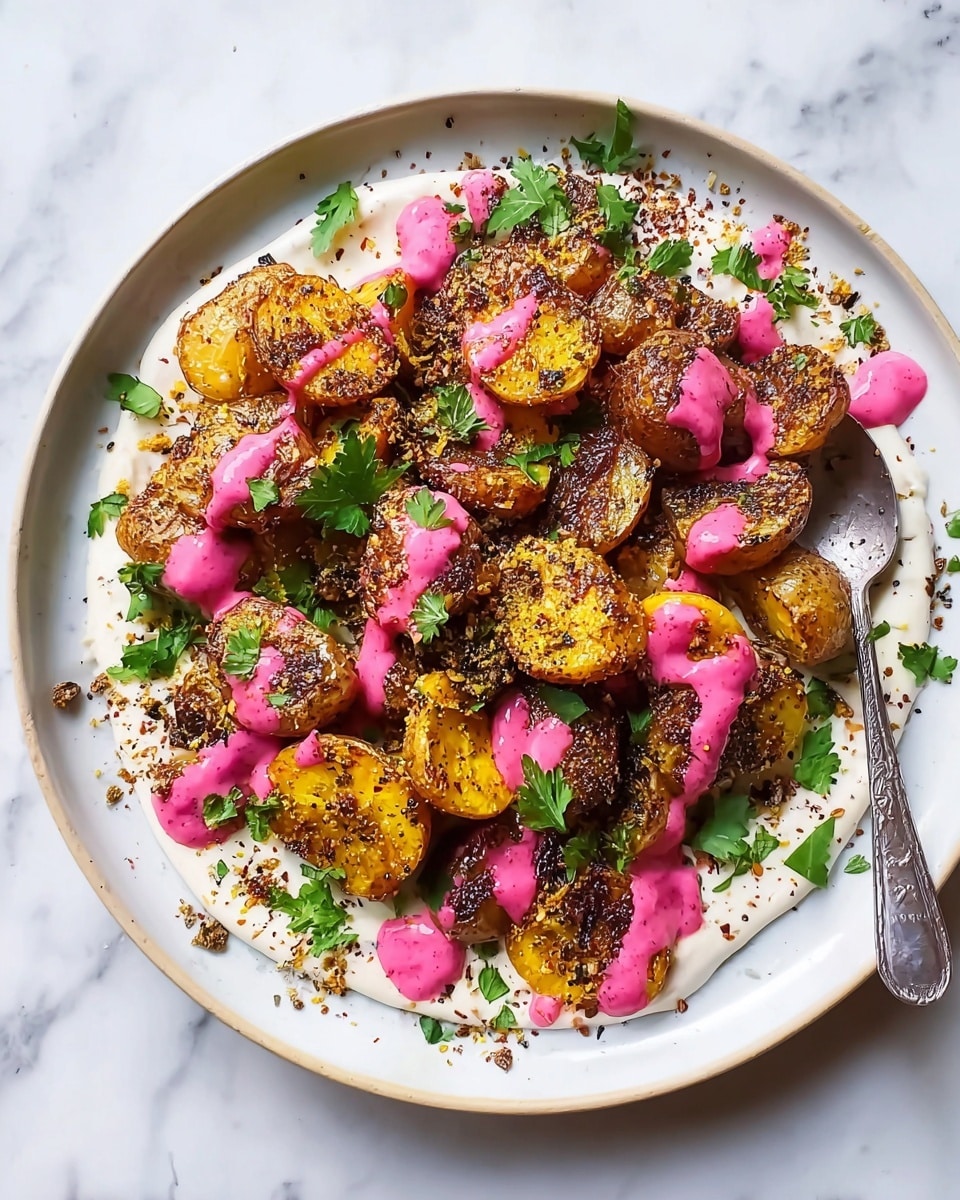 A white plate with a pile of golden-brown roasted potato halves, each piece showing a crispy texture with some charred spots. The potatoes are drizzled with bright pink sauce in uneven dollops and dotted with fresh green parsley leaves. Underneath and around the potatoes, there is a creamy white sauce spread thinly across the plate. Small bits of black and brown spices are sprinkled generously over the potatoes, adding texture and color contrast. On the right side of the plate, there is a silver spoon partially tucked under the potatoes. The plate is set on a white marbled surface. photo taken with an iphone --ar 4:5 --v 7
