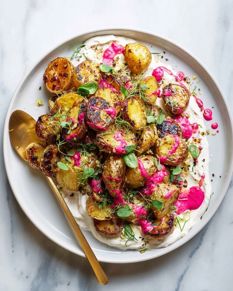 A white plate with a layer of creamy white sauce spread thinly on the bottom, topped with uneven golden-brown crispy roasted potato halves and pieces, some showing slightly charred edges. Bright pink sauce is drizzled unevenly over the potatoes, adding splashes of vibrant color. Small fresh green herb leaves are scattered across the dish, adding freshness and contrast. A golden spoon rests on the left side of the plate, partially under the potatoes. The plate is set on a white marbled surface. photo taken with an iphone --ar 4:5 --v 7