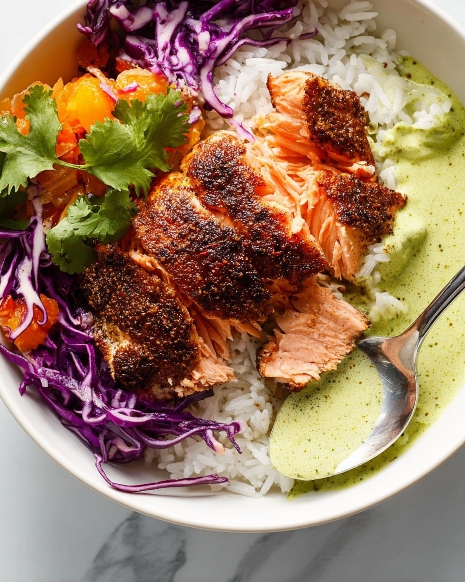 The image shows a white bowl filled with a colorful layered meal. At the base, there is white rice partially covered with a pale green creamy sauce on the right side. On top of the rice, slices of grilled salmon with a dark, crispy, seasoned crust are placed in the center. To the left, there is a salad layer made of thin purple cabbage strips mixed with bright orange chunks and green cilantro leaves. A silver spoon is scooping a bit of rice and sauce from the right side of the bowl. The background is a white marbled texture. Photo taken with an iphone --ar 4:5 --v 7