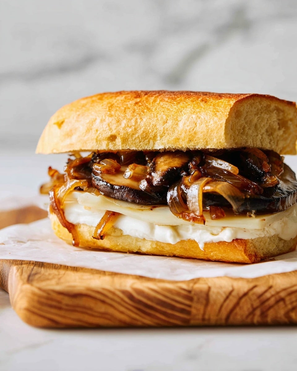 A sandwich on a white bread roll with a golden toasted crust. The bottom layer shows a thick spread of creamy white sauce, topped by a layer of dark, glossy grilled mushrooms. Above the mushrooms is a generous amount of caramelized onions with a slightly shiny texture, and a slice of melted white cheese peeks out from under the top bread layer. The sandwich is placed on white parchment paper resting on a wooden cutting board with a natural grain pattern, all set against a white marbled surface background. photo taken with an iphone --ar 4:5 --v 7