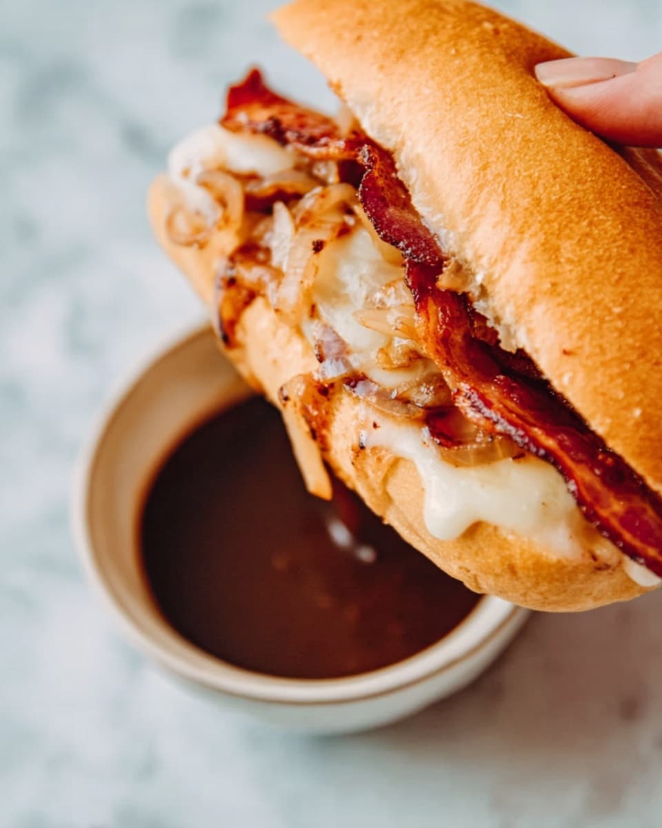 The image shows a close-up of a sandwich being held by a woman's hand, dipped slightly into a white bowl filled with dark brown sauce. The sandwich has a soft, light brown bun that is split open to reveal multiple layers inside: crispy bacon with a reddish-brown color, melted white cheese, and cooked onions that are golden and slightly translucent. The background and surface are a white marbled texture, giving a clean and bright look to the scene. Photo taken with an iphone --ar 4:5 --v 7