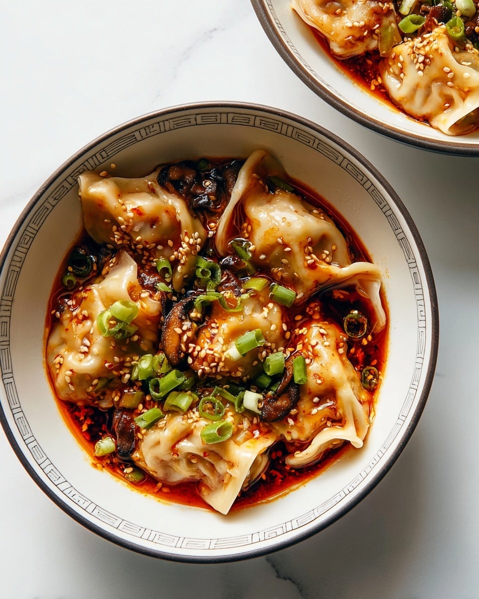 The image shows two bowls of dumplings in chili oil sauce placed on a white marbled surface. The main bowl, which is fully visible, is white with a thin dark rim and a subtle square patterned design inside. Inside the bowl, there are about a dozen dumplings with soft, pale dough folded over a filling, covered in a shiny, rich red-orange chili oil sauce. Scattered on top are small white sesame seeds and chopped bright green onions, adding texture and color contrast. There are also thin pieces of dark brown mushrooms mixed in with the dumplings. The second bowl, partially visible, is plain white and holds more dumplings also covered in chili oil sauce. The lighting highlights the glossy surface of the sauce and the soft texture of the dumplings. photo taken with an iphone --ar 4:5 --v 7