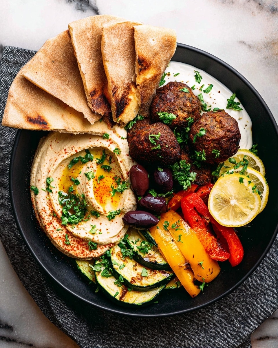 A black bowl sits on a grey cloth over a white marbled surface, filled with layers of food. On the left, three pieces of light brown pita bread are stacked, forming a fan shape. Next to them is a creamy beige hummus spread with a drizzle of olive oil and a sprinkle of black pepper. Above it lies white yogurt or sauce topped with chopped green herbs. In the middle, a cluster of dark brown falafel balls garnished with chopped parsley rests beside a small pile of shiny, dark purple olives. On the right side, grilled zucchini slices in green and light brown colors are arranged near sautéed yellow and red bell pepper strips. Finally, at the top right corner inside the bowl, there are three lemon wedges showing their bright yellow inner flesh. Photo taken with an iphone --ar 4:5 --v 7