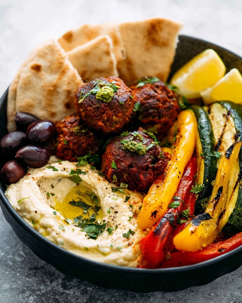 A black bowl holds a colorful Mediterranean dish set on a white marbled texture. Around the edges, there are soft, light brown pita bread slices on the left side. Near the pita, there are dark purple olives scattered on and around dark red-brown falafel balls with a rough texture and green herb pieces on top, placed in the center. On the bottom left, there is smooth pale yellow hummus with a drizzle of golden olive oil and a sprinkle of pepper, next to a fluffy white dollop of creamy sauce with chopped green herbs on top. To the right, there are grilled yellow and red bell pepper strips and green zucchini rounds with a light char. At the top right corner, there are bright yellow lemon wedges. The whole dish is fresh, colorful, and textured. Photo taken with an iphone --ar 4:5 --v 7
