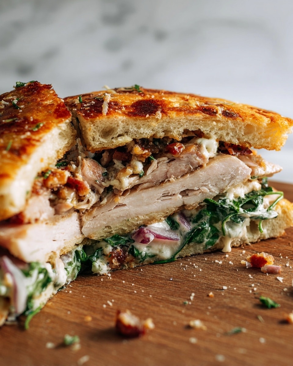 The image shows a sliced sandwich with three clear layers on a brown wooden surface. The top layer is a golden-brown, slightly crusty bread with a sprinkling of melted cheese and small browned bits. The middle layer consists of thin, light beige meat slices with layers of green leafy vegetables and red onion slices mixed with a creamy white sauce. The bottom layer is another piece of lightly toasted bread. The background is a white marbled texture. photo taken with an iphone --ar 4:5 --v 7