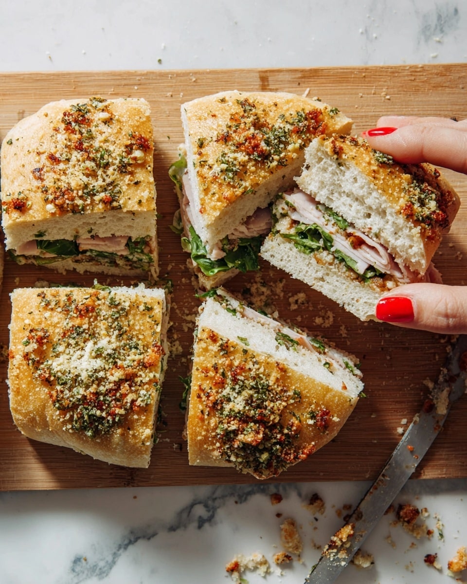 A sandwich cut into six square pieces on a wooden board with a white marbled background, each piece has a golden-brown top layer sprinkled with herbs and cheese crumbs. The sandwich has a thick top and bottom bread layer that looks soft and slightly toasted, with a visible middle layer containing green leafy vegetables and slices of pale deli meat. A woman's hand with red painted nails is holding one piece of the sandwich, showing the layers clearly. Scattered crumbs and a knife with crumbs rest on the right side of the white marbled surface. Photo taken with an iphone --ar 4:5 --v 7