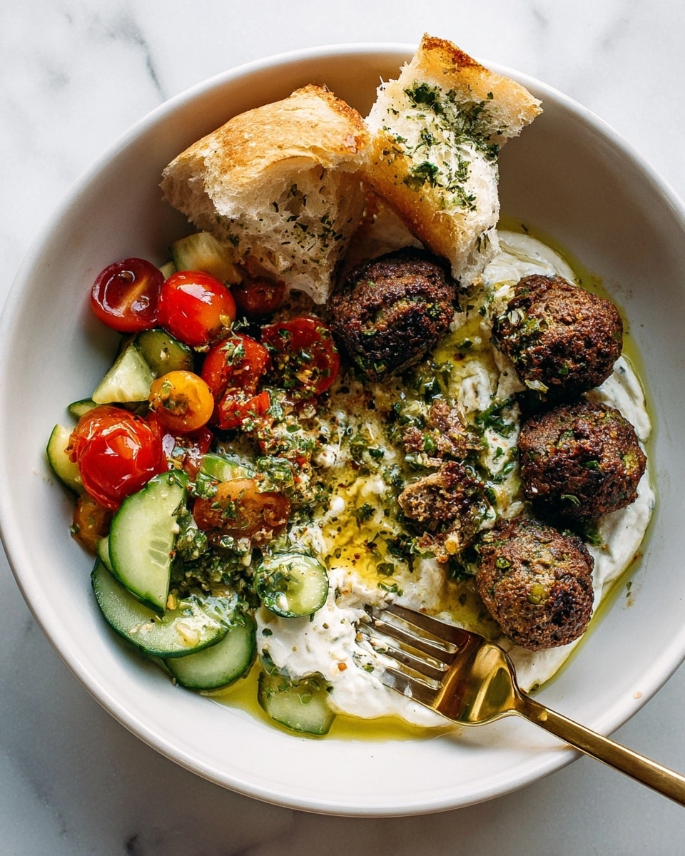 A white bowl contains a layered dish starting with a base of creamy white yogurt sauce with herbs and olive oil drizzled on top. On the right side, six dark brown falafel balls with a coarse texture rest partly on the sauce, one being pierced by a gold fork. The lower left side holds a colorful salad of sliced green cucumbers and halved red cherry tomatoes mixed with herbs and black pepper. At the top left, two pieces of torn, soft white bread are stacked with herb seasoning sprinkled on them. The bowl sits on a white marbled surface. Photo taken with an iphone --ar 4:5 --v 7