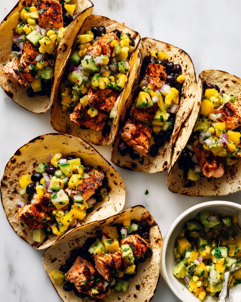Five tacos are arranged in close view on a white marbled surface, each with three visible layers: a soft corn tortilla with light char spots on the edges, a middle layer of black beans adding a dark, smooth texture, and a top layer of golden brown grilled salmon chunks. The final layer is a fresh salsa made of bright yellow mango pieces, white corn kernels, light green diced cucumber, small bits of red onion, and sprinkles of green herbs, giving a colorful and fresh appearance. On the side, a white bowl holds extra salsa, and a spoon filled with avocado cubes rests nearby. photo taken with an iphone --ar 4:5 --v 7