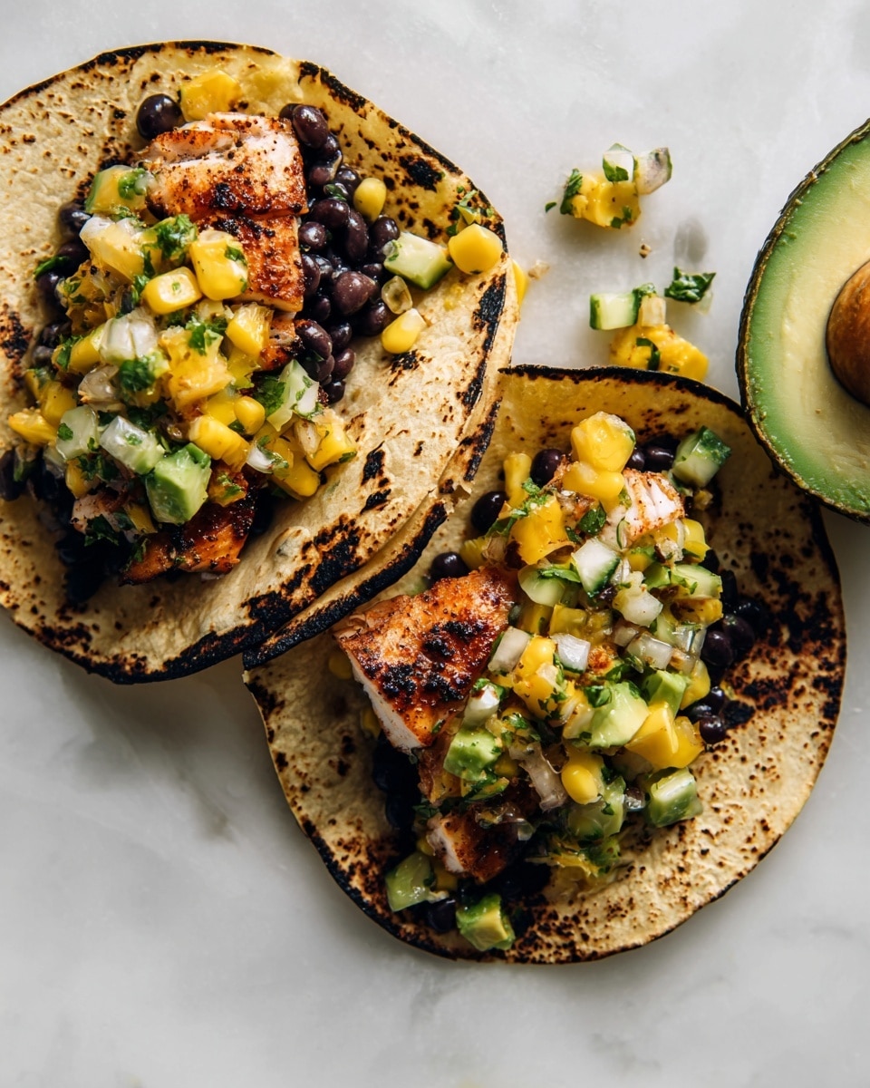 The image shows two grilled fish tacos on a white marbled texture, each with three main layers. The first layer is a warm toasted corn tortilla with dark char marks sitting flat. On top of this is a layer of dark black beans adding depth, followed by pieces of lightly browned grilled fish with a slightly crispy texture. The fish is covered with a colorful mix of chopped yellow mango, white corn kernels, pale green cucumber, and small bits of fresh green herbs, adding a fresh and vibrant look. There are a few small chunks of green avocado on one side of the tortilla, and some of the salsa mix is spilled slightly around the tacos. A halved avocado lies in the upper right corner of the image. photo taken with an iphone --ar 4:5 --v 7