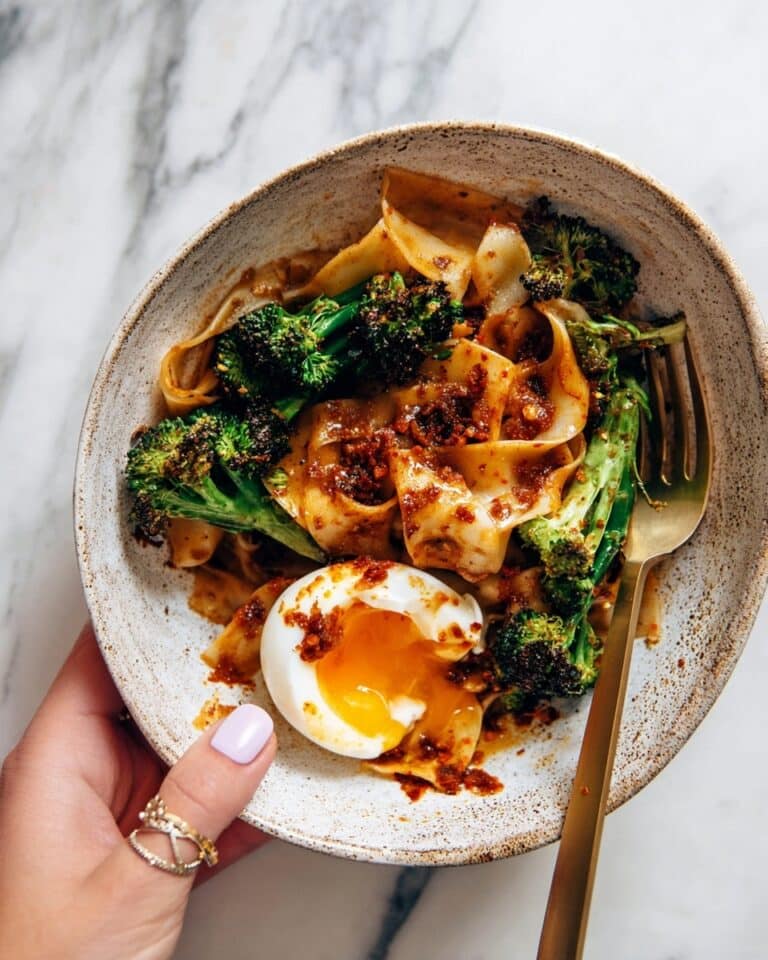 Chili Garlic Pappardelle with Smashed Broccoli and Soft Eggs Recipe