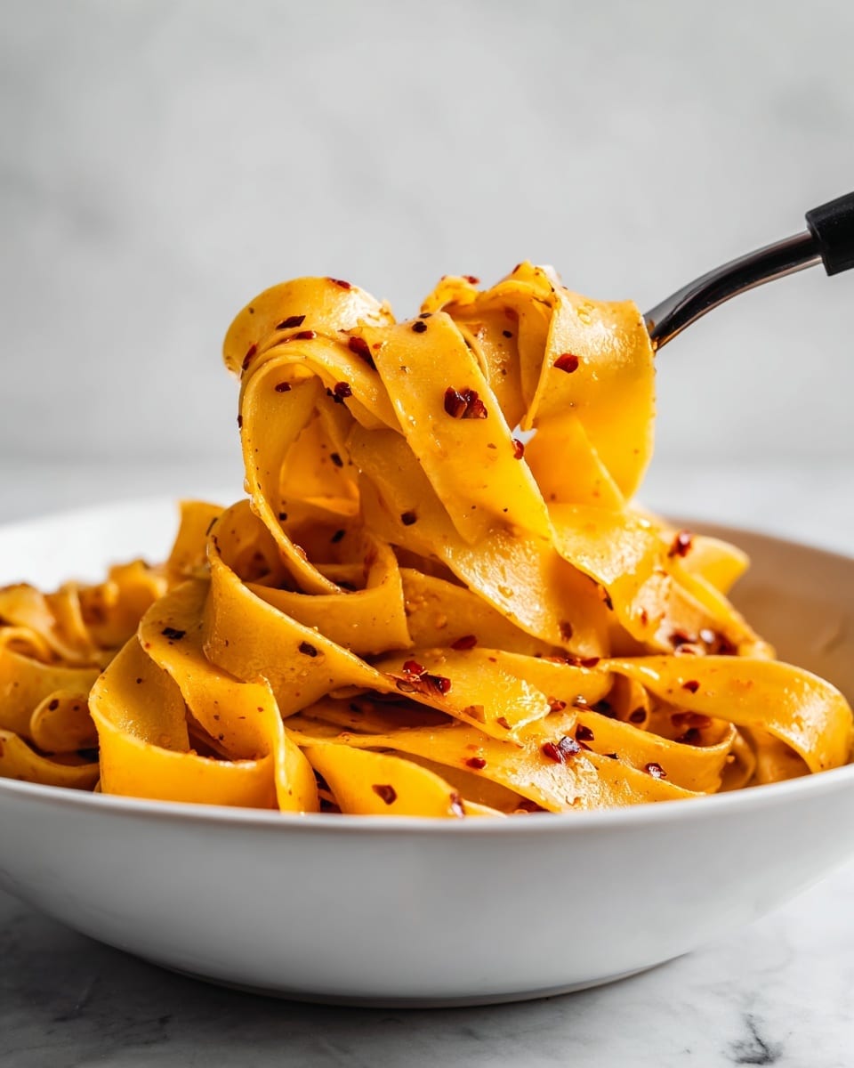 A close-up view of wide, flat pasta ribbons coated in a glossy orange sauce with visible small bits of red chili flakes and seeds, being lifted by a black-handled utensil from a white bowl. The pasta looks soft and slightly curled, with a smooth texture and some darker spots where the sauce has gathered. The background is simple and clean with a white marbled surface blurred out. photo taken with an iphone --ar 4:5 --v 7