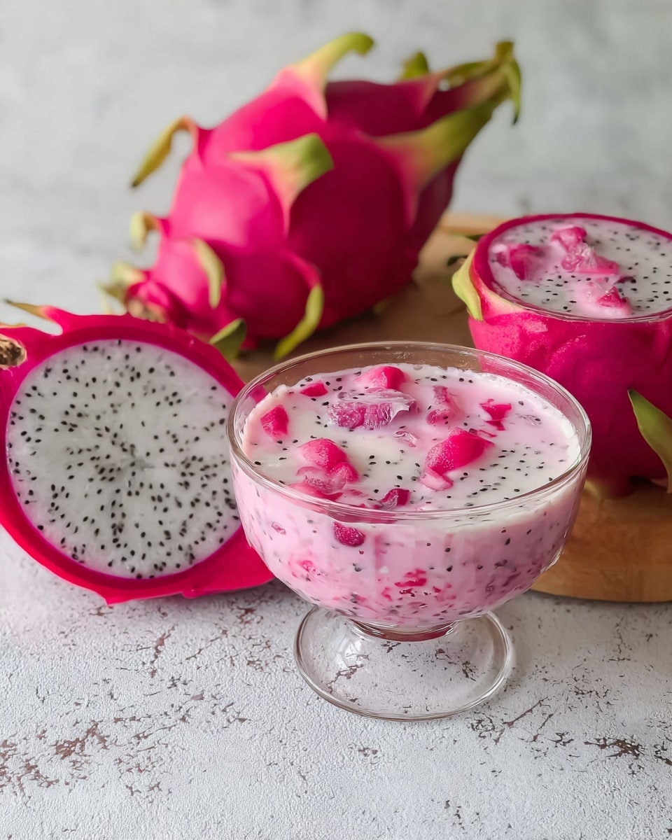A clear glass bowl and a small clear glass dessert cup both filled with a creamy pink liquid that has visible red and white fruit pieces with tiny black seeds mixed inside. Next to them, two dragon fruits are placed on a wooden surface, one whole and the other sliced to show its white inside with black seeds. The pink creamy mix contains chunks of dragon fruit skin and fruit flesh, creating a speckled and textured look. The whole setup is placed on a white marbled textured surface in soft light, showing the bright colors and details clearly. photo taken with an iphone --ar 4:5 --v 7