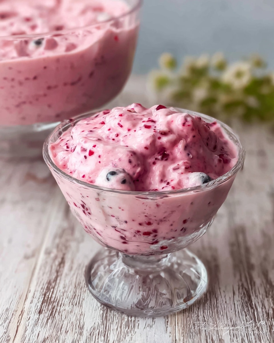 A clear glass dessert bowl filled with a creamy pink mixture containing visible small red and black specks and chunks of fruit with white flesh and black seeds, giving a textured look with a soft, thick liquid consistency; in the background, a larger clear bowl with the same mixture is partially visible, all placed on a wooden surface with a white marbled texture. photo taken with an iphone --ar 4:5 --v 7