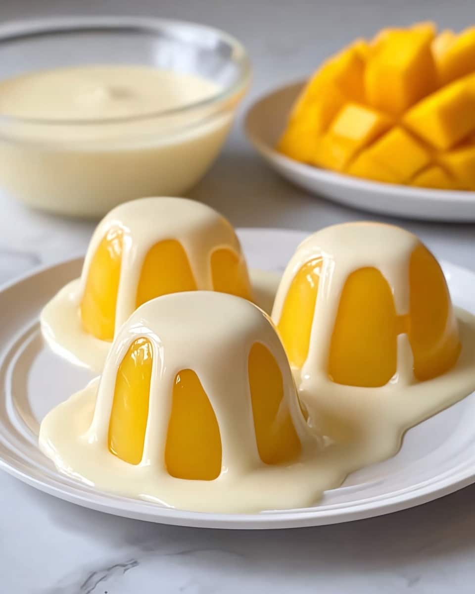Three small, dome-shaped yellow jelly desserts sit on a white plate, each topped and partially covered with a thick, creamy white sauce that drips down their sides and pools around the base. The jelly has a smooth, glossy texture, with the creamy sauce adding a soft contrast. In the blurred background, a glass bowl filled with more creamy sauce is visible on the left, and a white plate holds bright yellow mango chunks on the right, both set on a white marbled surface. The lighting highlights the shiny, reflective surfaces of the jelly and sauce, giving the image a fresh, inviting look. photo taken with an iphone --ar 4:5 --v 7