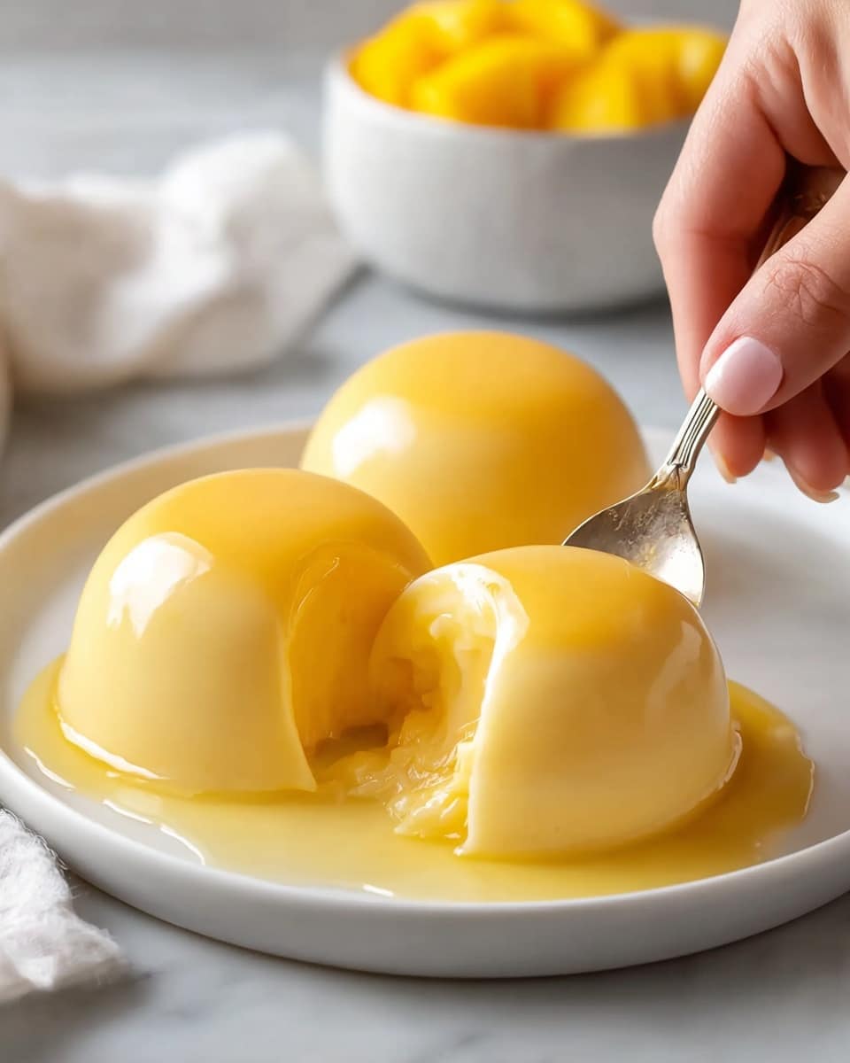 Three smooth, shiny, light yellow pudding domes sit on a white plate with a white marbled texture beneath. Each dome has a glossy, gelatin-like surface. One dome is cut open, showing a soft, creamy interior of the same yellow color. A silver spoon held by a woman's hand lifts a piece of pudding, revealing the smooth texture inside. The sauce lightly pools around the puddings on the plate. In the blurred background, there is a hint of a bowl filled with yellow pieces. photo taken with an iphone --ar 4:5 --v 7