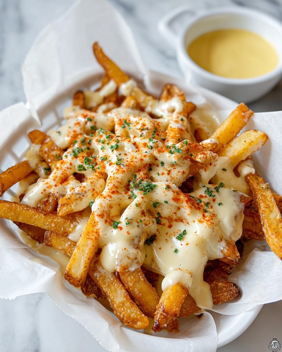 A white basket lined with white paper holds a generous pile of golden-brown French fries, each showing a crispy texture with some darker edges. The fries are covered with a thick, creamy white cheese sauce that drapes unevenly over the top layer. Bright orange paprika is sprinkled over the cheese, adding a pop of color, along with small green herb pieces scattered across, giving a fresh touch. In the background, a small white bowl of yellow dipping sauce is slightly blurred on a white marbled surface. photo taken with an iphone --ar 4:5 --v 7