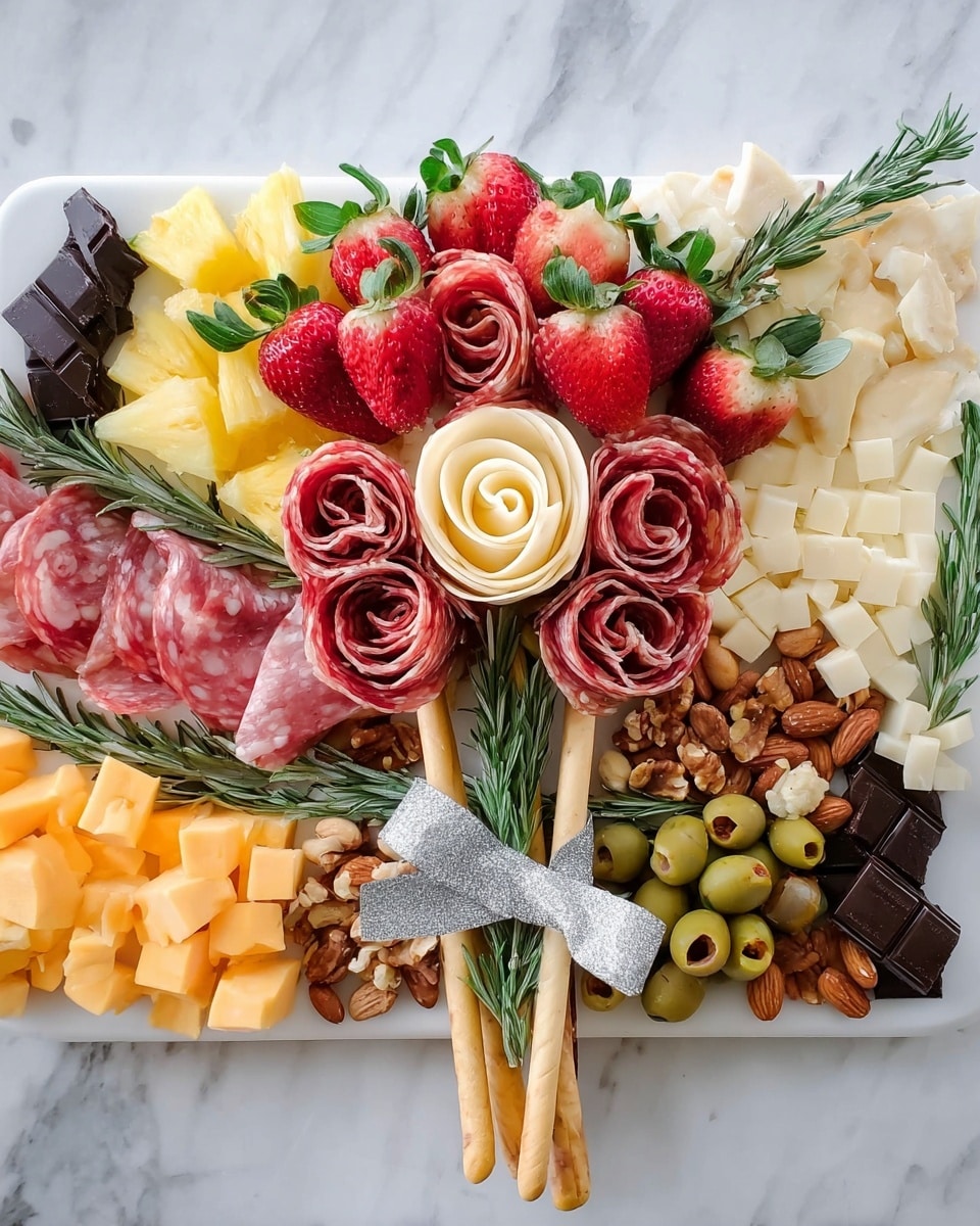 A white board with a beautiful arrangement of food resembling a bouquet. There are three main salami rose shapes made by folding slices of salami with a small rolled slice of pale cheese in the center, placed in the middle. Around the roses are bright red strawberries and yellow pineapple slices. Blocks of white and orange marbled cheese are arranged in small clusters, along with green olives and black olives. Rolled slices of prosciutto are scattered near the edges, along with mixed nuts including cashews, almonds, and pecans. At the bottom center, there are long breadsticks tied together with a silver ribbon, decorated with sprigs of fresh green rosemary. Pieces of dark chocolate are placed near the edges on the white board, which rests on a white marbled surface. photo taken with an iphone --ar 4:5 --v 7