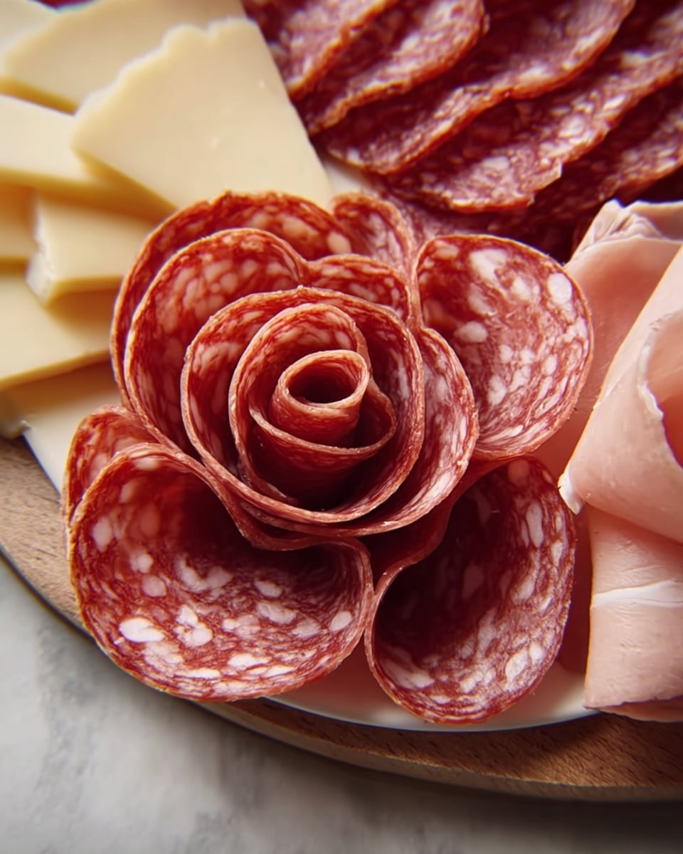 The image shows a close-up view of thin slices of cured meats arranged in the shape of roses on a white plate. There are layers of reddish-brown salami slices folded neatly into rose shapes at the center and bottom left, displaying speckled white spots and a slightly shiny texture. To the right, there is a smooth, pale pink slice of cured ham folded softly, contrasting with the textured salami. In the background, some darker red slices of meat are layered flat, adding depth. On the left side, pale beige cheese slices with a firm texture are placed next to the salami roses, completing the arrangement on a wooden board placed on a white marbled surface. photo taken with an iphone --ar 4:5 --v 7