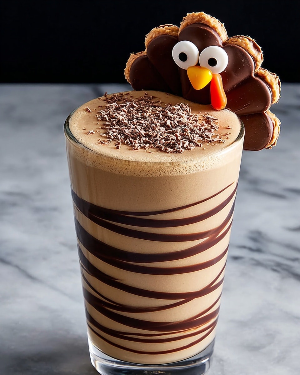 A creamy light brown drink in a clear glass is swirled with dark chocolate lines wrapping around its inside surface in a spiral pattern. The top layer is smooth and sprinkled with fine chocolate shavings. A cute decoration on the rim shows a turkey face made from two chocolate peanut butter cups forming the body, white candy eyes with black centers, and an orange candy piece shaped like a beak. The glass sits on a white marbled surface with a dark background. photo taken with an iphone --ar 4:5 --v 7