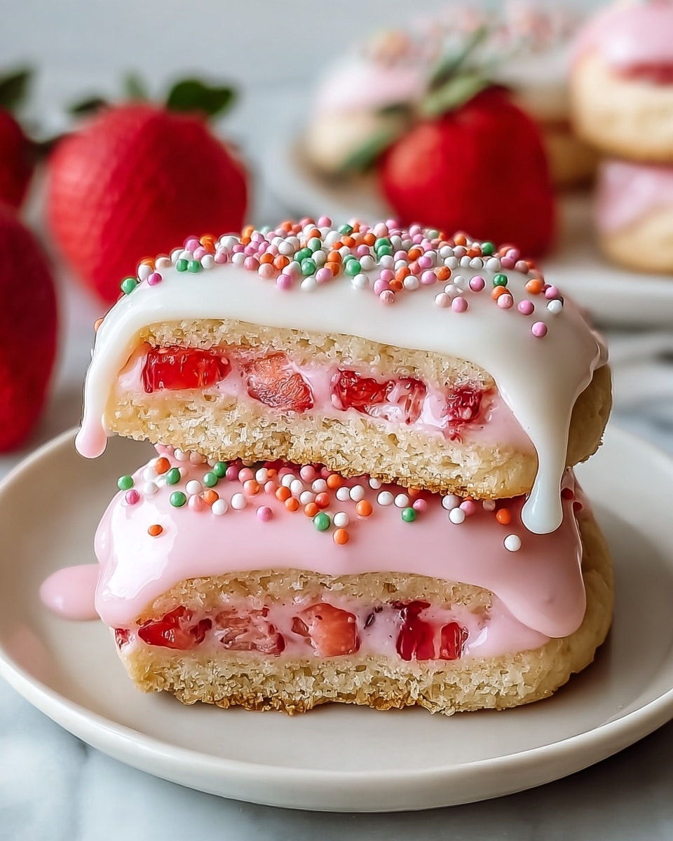 The image shows close-up of two layered cookies on a white plate, placed on a white marbled surface. Each cookie has three layers: at the bottom is a thick, light golden beige cookie base with a crumbly texture, in the middle is a smooth, pale pink filling with pieces of red strawberries embedded inside, and on top is a glossy white icing layer that drips slightly on the edges. The icing is decorated with small round sprinkles in colors of pink, white, green, and orange, creating a textured and colorful finish. Fresh strawberries are blurred in the background, adding vibrant red color contrast. Photo taken with an iphone --ar 4:5 --v 7