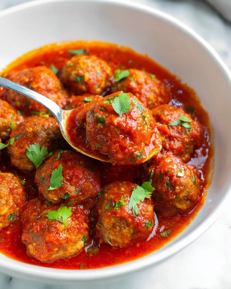 In a white bowl filled with bright red tomato sauce, there are about thirteen round meatballs covered in the sauce, each speckled with green herbs, and a few pieces of fresh green cilantro on top for garnish. A silver spoon is partially dipped into the sauce and lifting one meatball slightly. The white marbled surface can be seen in the background. photo taken with an iphone --ar 4:5 --v 7