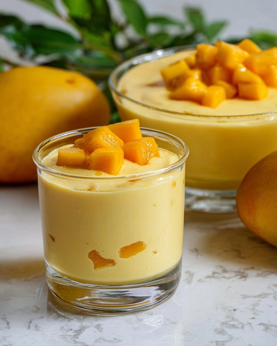 A clear glass filled with two layers of soft, creamy, light yellow mango pudding, with a few small chunks of bright orange mango pieces mixed inside the bottom layer and a smooth top layer topped with several small mango cubes. Behind it, a larger clear glass bowl contains the same smooth yellow mango pudding with more diced mango pieces piled in the center. The scene is set on a white marbled surface with whole yellow mangoes and green leaves blurred in the background. photo taken with an iphone --ar 4:5 --v 7