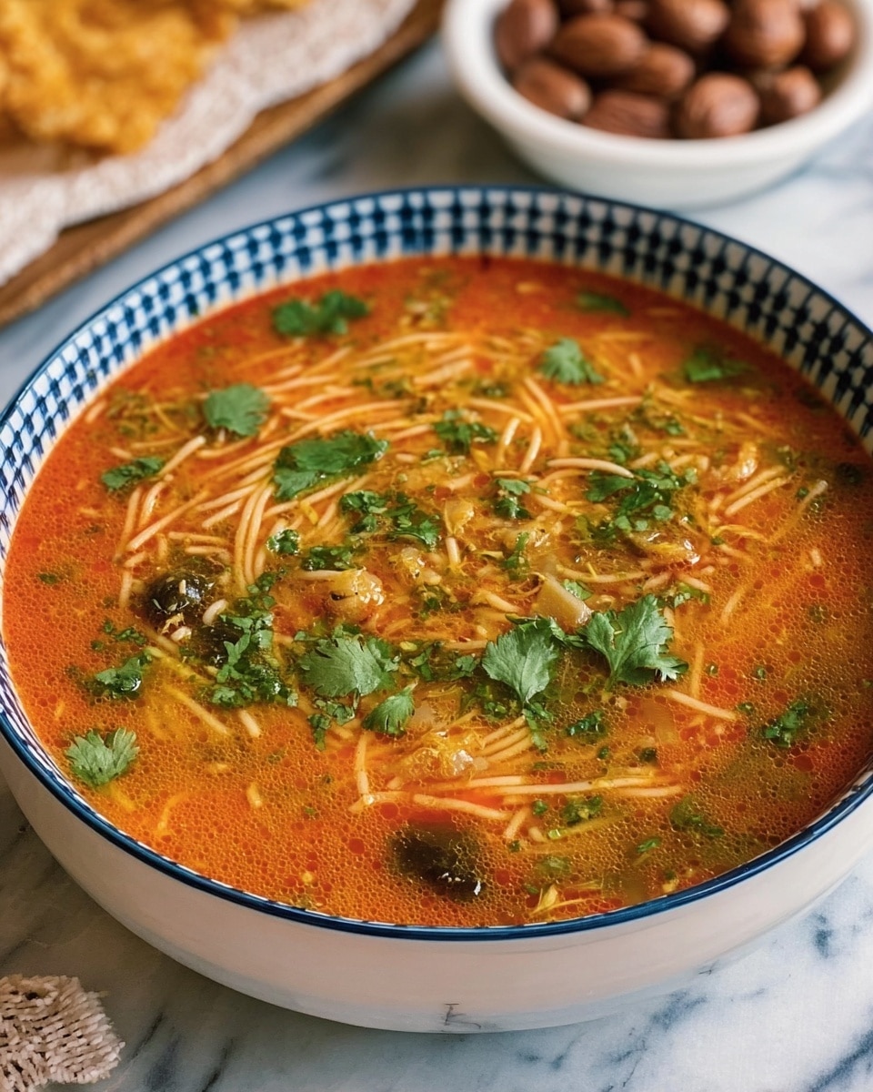 A white bowl with a blue checkered rim filled with vibrant orange-red soup containing thin, light yellow noodles and small pieces of vegetables and herbs, topped with fresh green cilantro leaves scattered on the surface. The soup appears slightly oily with a smooth texture, gently steaming, placed on a white marbled surface. In the background, blurred elements include a white bowl holding brown nuts and a golden-brown crispy item. photo taken with an iphone --ar 4:5 --v 7