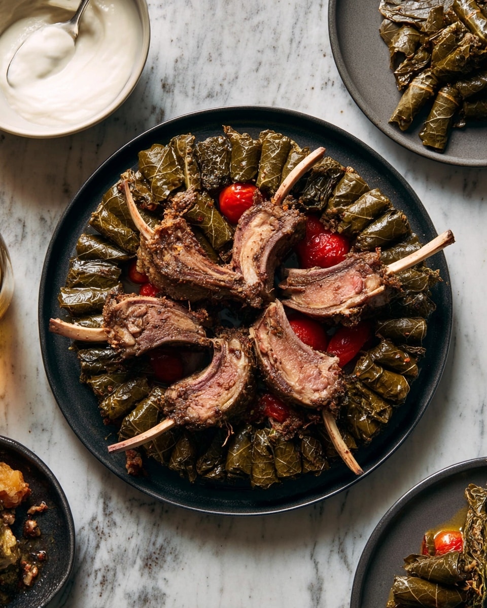 A dark plate is full of rolled grape leaves stuffed with rice, green and dark in color, arranged in a circle. On top of the grape leaves, there are six cooked lamb chops, light brown with some pink, their bones facing inward. In the middle and around the layers, there are pieces of cooked red tomatoes, adding bright red spots. To the side, a white bowl with a smooth white sauce is visible, along with a smaller white plate containing more grape leaves and a lamb chop. All dishes rest on a white marbled surface. photo taken with an iphone --ar 4:5 --v 7